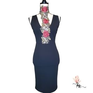 Black V-neck Dress with Lace Choker, Size: Small